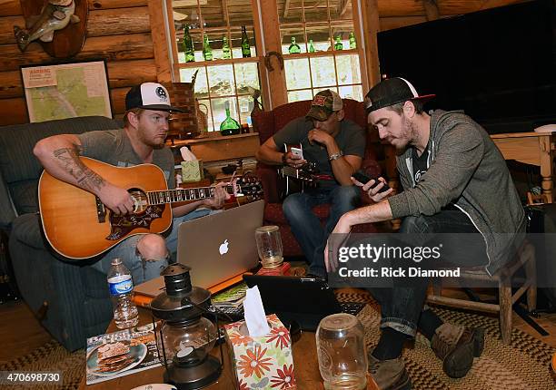 Stevie Monce, Trent Tomlinson and Dave Pittenger attend Country Rock Group, Love And Theft "Cabin Fever Writing Sessions" on April 21, 2015 in Dover,...