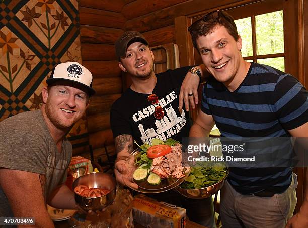 Stevie Monce, Aaron Ellis and Stephen Barker Liles attend Country Rock Group, Love And Theft "Cabin Fever Writing Sessions" on April 21, 2015 in...