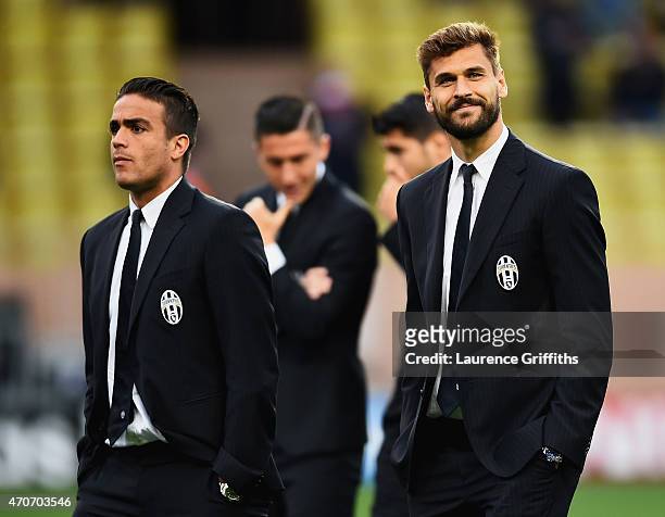 Alessandro Matri and Fernando Llorente of Juventus look on prior to the UEFA Champions League quarter-final second leg match between AS Monaco FC and...