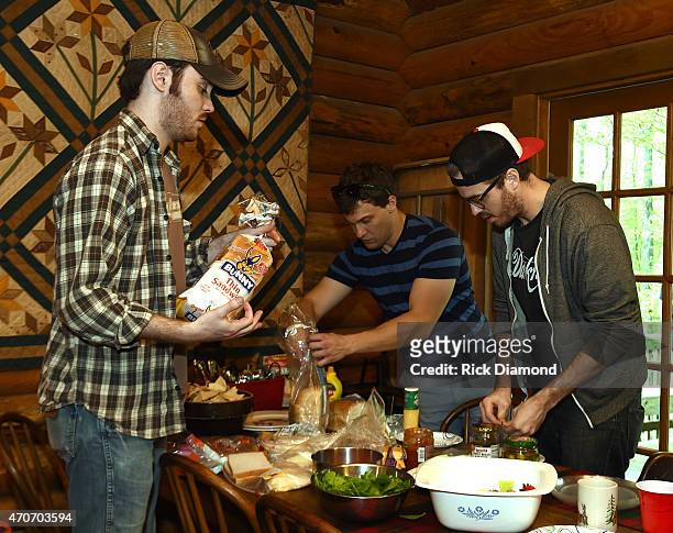 Wyatt Mccubbin, Aaron Ellis and Ryan Creamer attend Country Rock Group, Love And Theft "Cabin Fever Writing Sessions" on April 21, 2015 in Dover,...