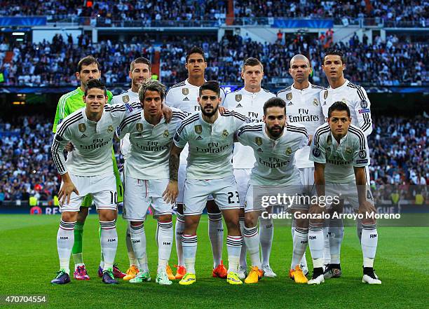 Real Madrid line up prior to the UEFA Champions League quarter-final second leg match between Real Madrid CF and Club Atletico de Madrid at Bernabeu...