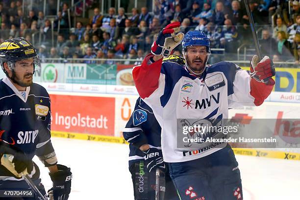 Curtis Foster of Mannheim celebrates scoring the first goal during the DEL Play-offs Final Game 6 between ERC Ingolstadt and Adler Mannheim at Saturn...