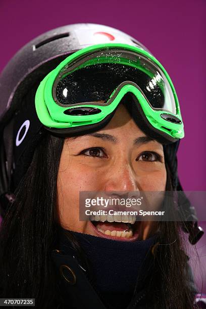 Manami Mitsuboshi of Japan smiles in the Freestyle Skiing Ladies' Ski Halfpipe Qualification on day thirteen of the 2014 Winter Olympics at Rosa...