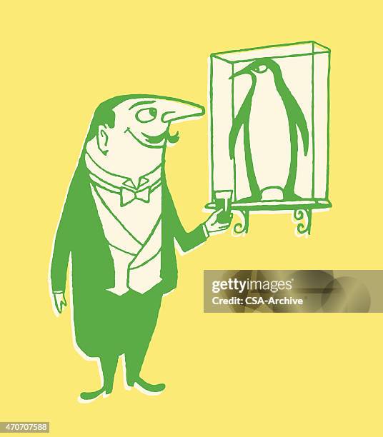 man toasting penguin - penguin line stock illustrations