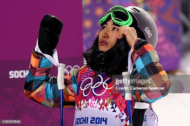 Manami Mitsuboshi of Japan looks on in the Freestyle Skiing Ladies' Ski Halfpipe Qualification on day thirteen of the 2014 Winter Olympics at Rosa...