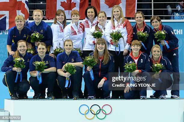 From left to right top:- Silver medalists Swedens Maria Prytz, Margaretha Sigfridsson, Canadian gold medalists Kirsten Wall, Dawn McEwen, Jill...