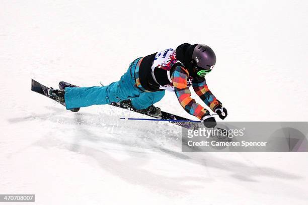 Manami Mitsuboshi of Japan crashes in the Freestyle Skiing Ladies' Ski Halfpipe Qualification on day thirteen of the 2014 Winter Olympics at Rosa...