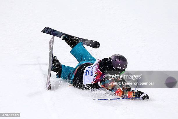 Manami Mitsuboshi of Japan crashes in the Freestyle Skiing Ladies' Ski Halfpipe Qualification on day thirteen of the 2014 Winter Olympics at Rosa...