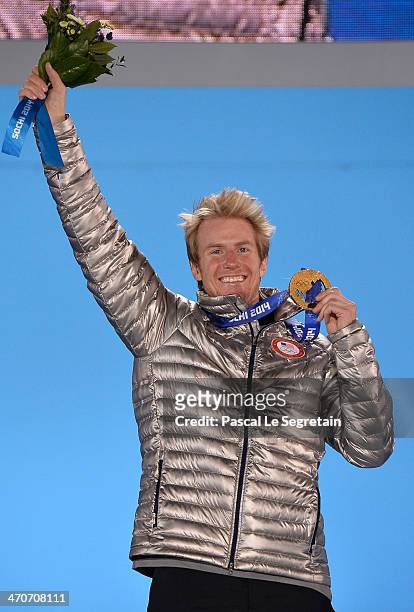 Gold medalist Ted Ligety of the United States celebrates during the medal ceremony for the Alpine Skiing Men's Giant Slalom on day thirteen of the...