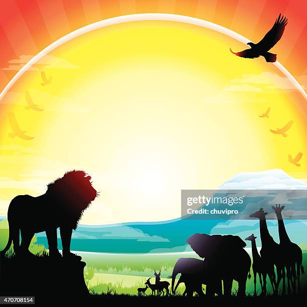 african lion, elephants, giraffes and antelopes silhouettes safari against kilimanjaro - mt kilimanjaro stock illustrations