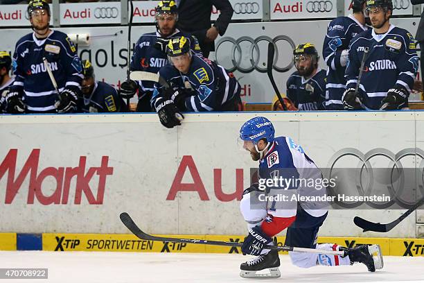 Andrew Joudrey of Mannheim celebrates scoring the 2nd team goal during the DEL Play-offs Final Game 6 between ERC Ingolstadt and Adler Mannheim at...