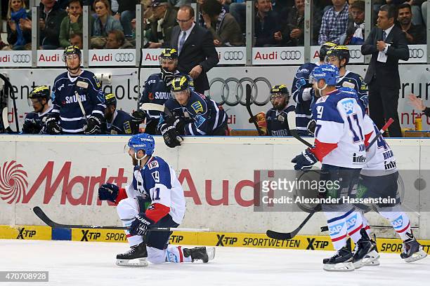 Andrew Joudrey of Mannheim celebrates scoring the 2nd team goal during the DEL Play-offs Final Game 6 between ERC Ingolstadt and Adler Mannheim at...