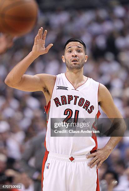 Greivis Vasquez of the Toronto Raptors gestures to a teammate against the Washington Wizards in Game Two of the NBA Eastern Conference Quarterfinals...