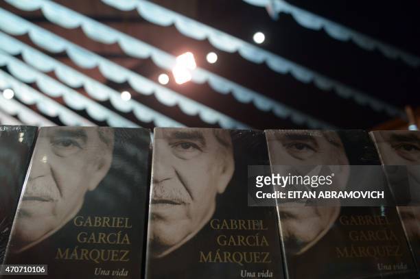 Books on display in a pavilion dedicated to Macondo, the fictitious town in which many of late Colombian Nobel laurate Gabriel Garcia Marquez's...