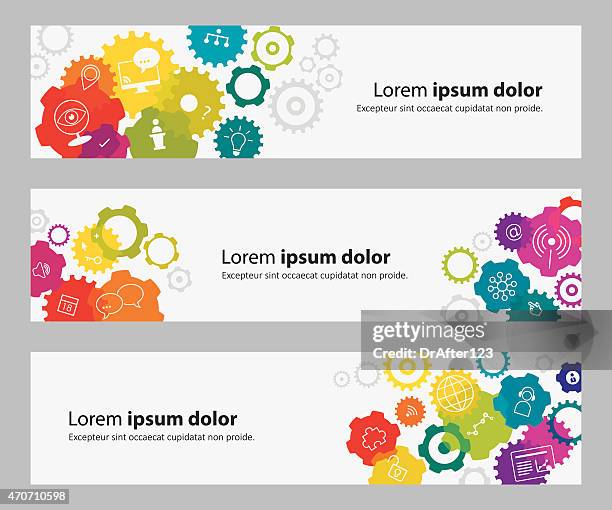 banners with vibrant gears and webinar related icons - finger pointing at screen stock illustrations
