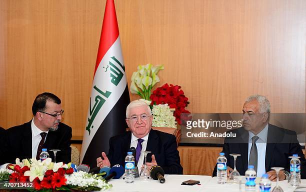 Iraqi President Fuad Masum delivers a speech during a press conference held at the Sheraton Hotel in Ankara, Turkey on April 22, 2015.