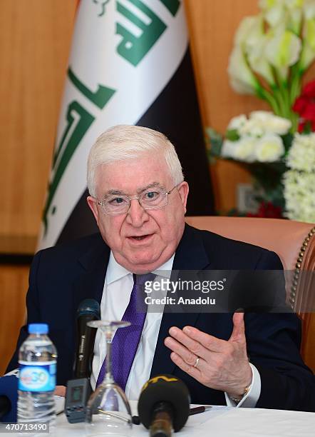 Iraqi President Fuad Masum delivers a speech during a press conference held at the Sheraton Hotel in Ankara, Turkey on April 22, 2015.