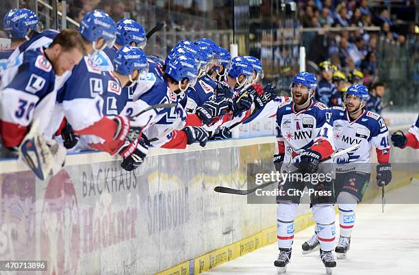 Andrew Joudrey and Jon Rheault of the Adler Mannheim celebrate after scoring the 1:2 during the game between ERC Ingolstadt and Adler Mannheim on...