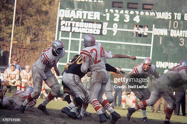 San Francisco 49ers John Thomas , J.D. Smith , and Bob St. Clair in action, blocking vs Pittsburgh Steelers at Forbes Field. Pittsburgh, PA CREDIT:...