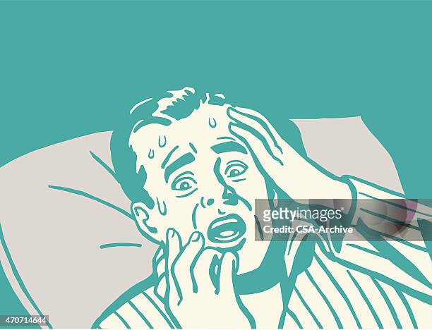 frightened man in bed - sweat stock illustrations