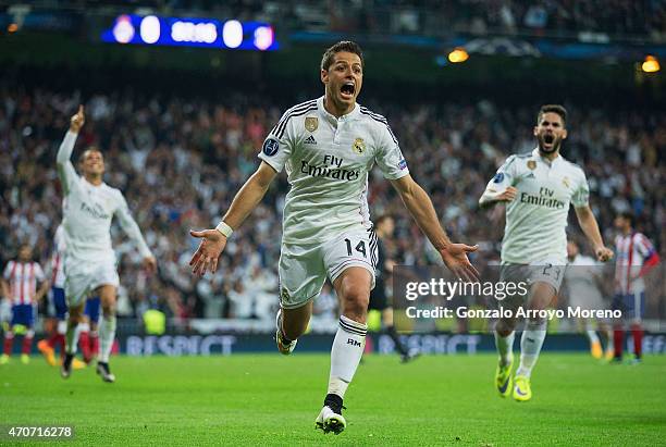 Javier Hernandez of Real Madrid CF celebrates as he scores their first goal during the UEFA Champions League quarter-final second leg match between...