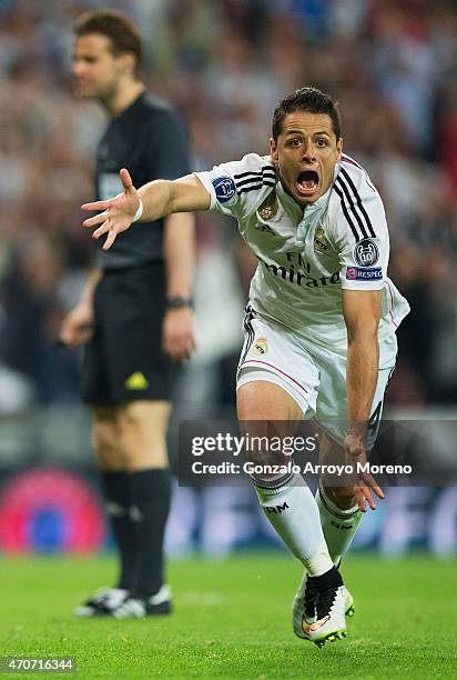 Javier Hernandez of Real Madrid CF celebrates as he scores their first goal during the UEFA Champions League quarter-final second leg match between...