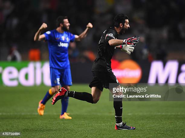 Gianluigi Buffon of Juventus celebrates after the final whistle during the UEFA Champions League quarter-final second leg match between AS Monaco FC...