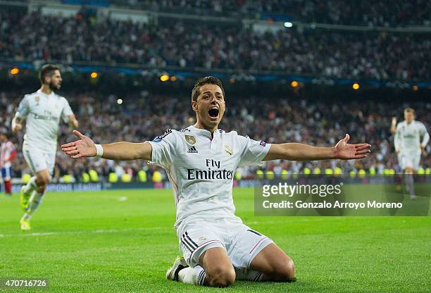 Javier Hernandez of Real Madrid CF celebrates as he scores their first goal during the UEFA Champions League quarter-final second leg match between...