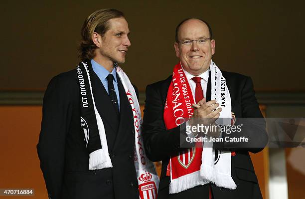 Andrea Casiraghi and Prince Albert II of Monaco attend the UEFA Champions League quarter-final second leg match between AS Monaco FC and Juventus at...