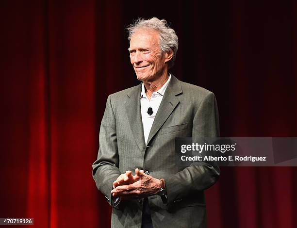 Recipient of the Fandango Fan Choice award for Favorite Film of 2014, 'American Sniper,' Clint Eastwood speaks onstage during CinemaCon and Warner...