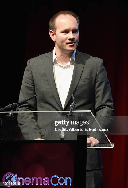 President at Vista Entertainment Solutions USA Derek Forbes speaks onstage during CinemaCon and Warner Bros. Pictures Present The Legend of Cinema...