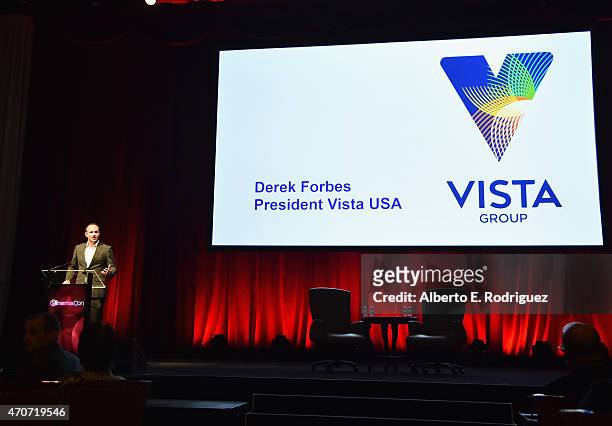 President at Vista Entertainment Solutions USA Derek Forbes speaks onstage during CinemaCon and Warner Bros. Pictures Present The Legend of Cinema...