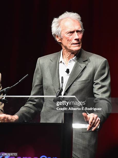 Recipient of the Fandango Fan Choice award for Favorite Film of 2014, 'American Sniper,' Clint Eastwood speaks onstage during CinemaCon and Warner...