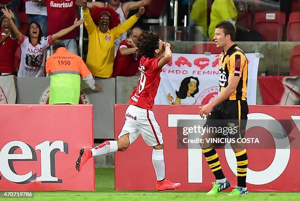 Valdivia of Brazil's Internacional celebrates after scoring against Bolivia's The Strongest during the Copa Libertadores 2015 football match at Beira...