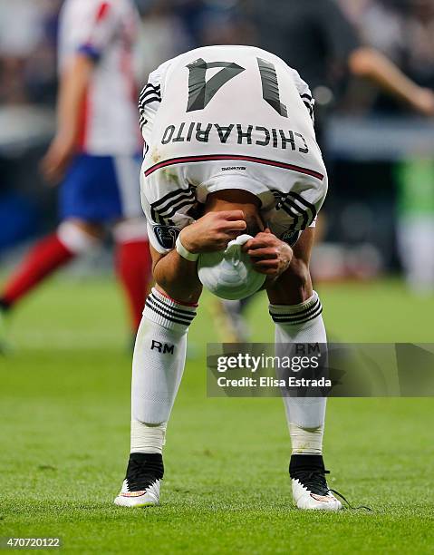 Chicharito Hernandez of Real Madrid reacts during the UEFA Champions League Quarter Final second leg match between Real Madrid CF and Club Atletico...