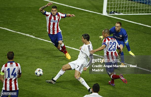 Cristiano Ronaldo of Real Madrid makes a pass during the UEFA Champions League Quarter Final second leg match between Real Madrid CF and Club...