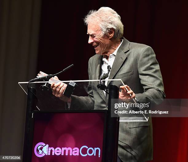 Recipient of the Fandango Fan Choice award for Favorite Film of 2014, 'American Sniper,' Clint Eastwood speaks onstage during CinemaCon and Warner...