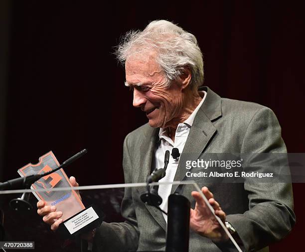 Recipient of the Fandango Fan Choice award for Favorite Film of 2014, 'American Sniper,' Clint Eastwood speaks onstage during CinemaCon and Warner...