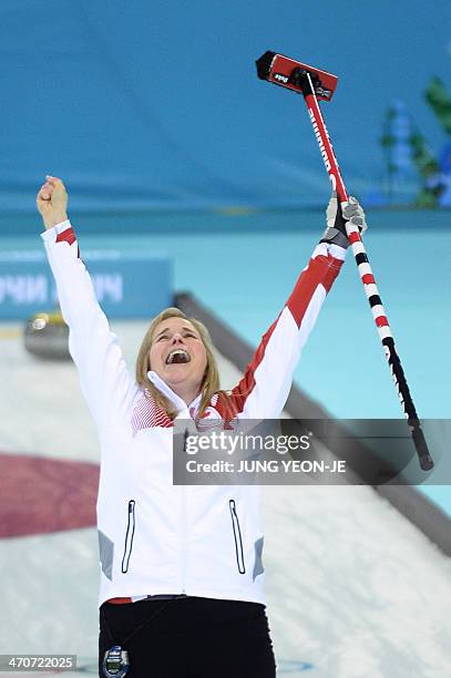 Canada's Jennifer Jones celebrates winning gold in the Women's Curling Gold Medal Game Canada vs Sweden at the Ice Cube Curling Center during the...