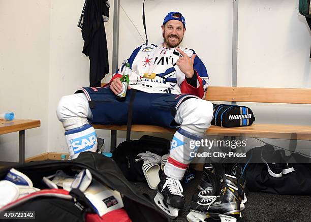 Christoph Ullmann of Adler Mannheim celebrates after the game between ERC Ingolstadt and Adler Mannheim on April 22, 2015 in Mannheim, Germany.