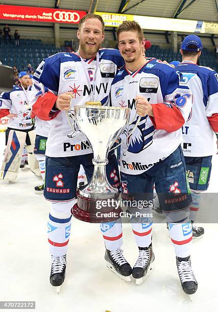 Marcus Kink and Martin Buchwieser of Adler Mannheim celebrates after the game between ERC Ingolstadt and Adler Mannheim on April 22, 2015 in...