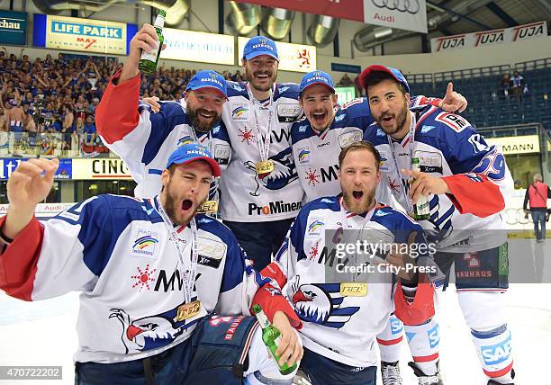 Matthias Plachta, Glen Metropolit, Kurtis Foster, Martin Buchwieser, Marcus Kink and Brandon Yep of Adler Mannheim celebrate after the game between...