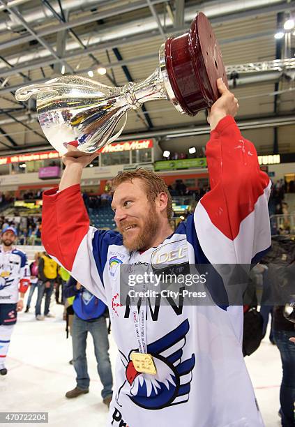 Nikolai Goc of Adler Mannheim celebrates after the game between ERC Ingolstadt and Adler Mannheim on April 22, 2015 in Mannheim, Germany.