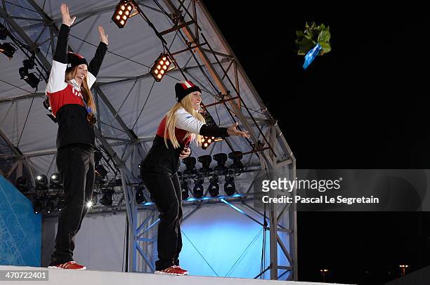 Gold medalists Heather Moyse and Kaillie Humphries of Canada team 1 celebrate during the medal ceremony for the Women's Bobsleigh on day thirteen of...