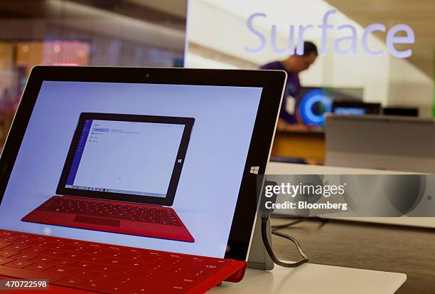 Microsoft Corp. Surface tablet computer is displayed at the company's store in Bellevue, Washington, U.S., on Tuesday, April 21, 2015. Microsoft...