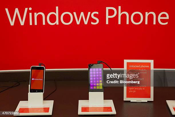 Microsoft Corp. Windows phones are displayed at the company's store in Bellevue, Washington, U.S., on Tuesday, April 21, 2015. Microsoft Corp. Is...