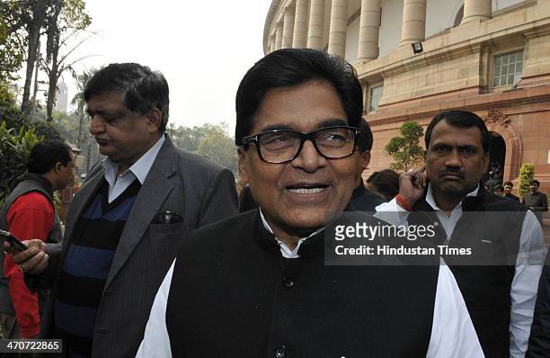 Samajwadi Party leader Ram Gopal Yadav talking with media person after attending extended winter session of Parliament on February 20, 2014 in New...