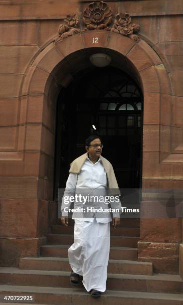 Finance Minister P Chidambaram leaves after attending the extended winter session of Parliament on February 20, 2014 in New Delhi, India. Parliament...