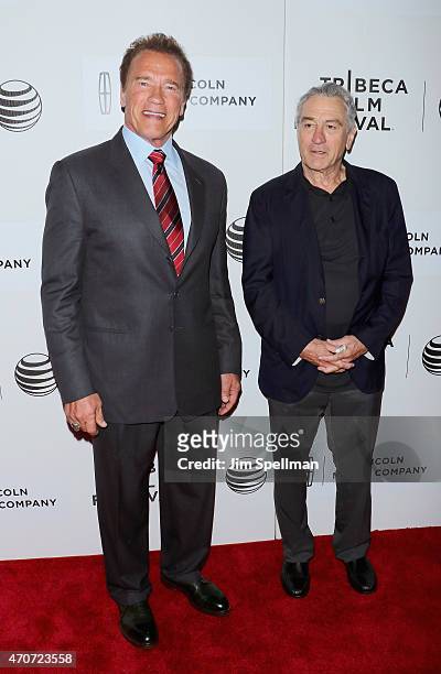 Actor Arnold Schwarzenegger and actor Robert De Niro attends the 2015 Tribeca Film Festival world premiere narrative: "Maggie" at BMCC Tribeca PAC on...