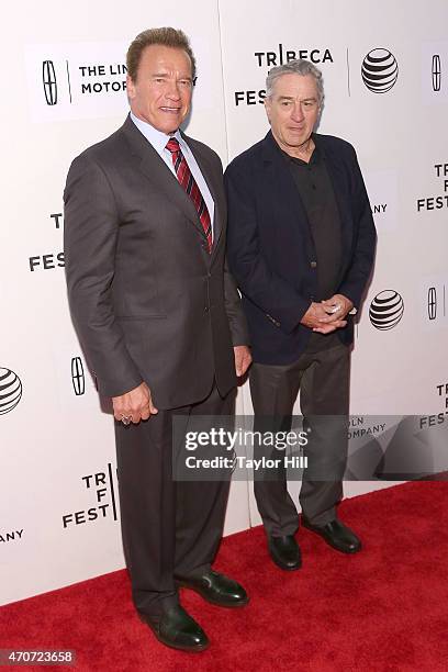 Actor and former governor of California Arnold Schwarzenegger and actor Robert De Niro attend the world premiere of "Maggie" during the 2015 Tribeca...